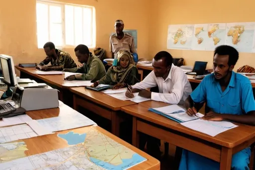 Prompt: a planning office in Somalia with men and women working, maps, computers 