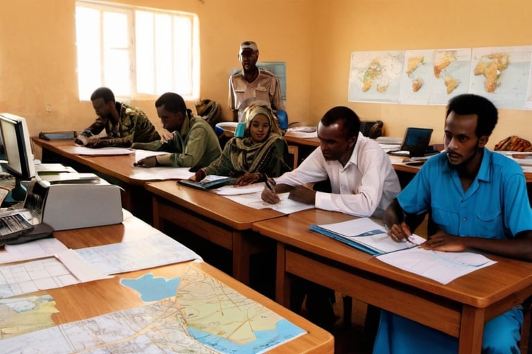 Prompt: a planning office in Somalia with men and women working, maps, computers 