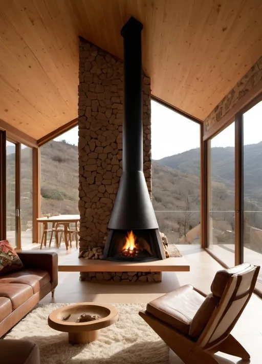 Prompt: vivienda ecologica en la ladera de una montaña, techo inclinado de madera, paredes de piedra, chimenea central

