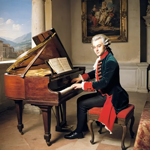 Prompt: Mozart in italy playing piano 

