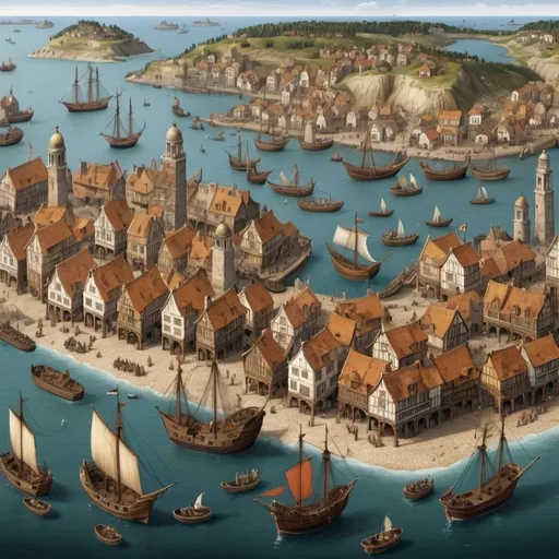 Prompt: A 16th century port city, wood houses, sea, trade ships, people struggling in the city, realistic, BIRDS-EYE VIEW