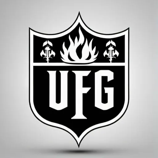 Prompt: UFG crest black and white with black fire on the bottom
