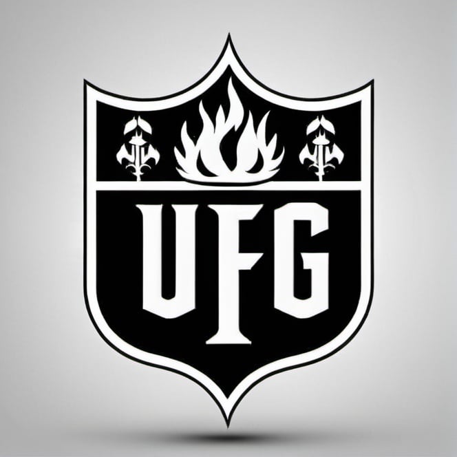 Prompt: UFG crest black and white with black fire on the bottom
