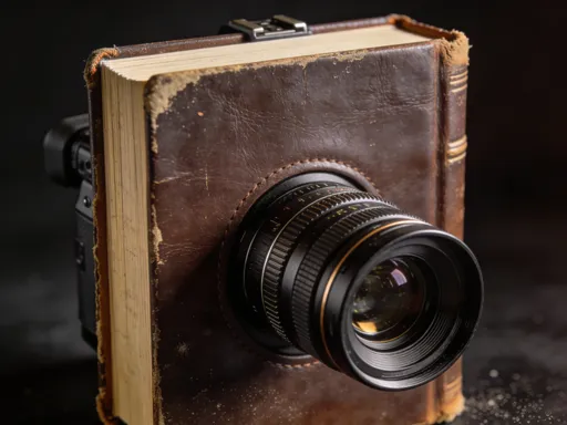 Prompt: Ultra-realistic 3D product-style render of a modern professional video camera whose entire body is a thick old hardcover book, aged leather texture, worn edges, visible page sides. A high-end cinematic lens with multiple detailed rings embedded into the center of the front book cover. Minimal design, only the lens attached, nothing else. Warm cinematic lighting, dark moody background, three-quarter angle, shallow depth of field, photorealistic materials, realistic reflections, subtle dust and imperfections, real photography look