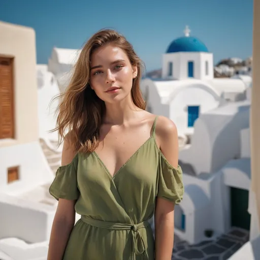 Prompt: 



Medium shot of a young and charismatic 26 year old influencer. Professional film camera, capturing natural light and shadows. Height 1.75 meters. Light brown hair color with natural waves. Eye Color: Green. Skin Tone: Olive. Appearance: Slender and elegant, typical of European runway models. Dress Mix of modern elegance and casual chic. Minimalist and sophisticated accessories, such as fine watches, delicate bracelets. Fresh and authentic attitude, with a confident and natural presence. She is enjoying a blissful vacation in Santorini, Greece, a renowned European tourist destination. The image captures her joy and relaxation as she explores the picturesque streets and enjoys the breathtaking views of the Aegean Sea. 8k