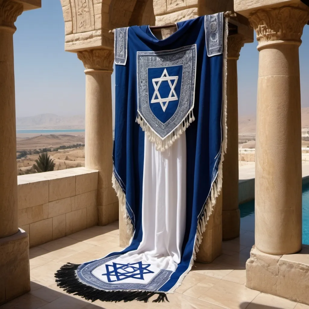 Prompt: elaborate embroided dark blue modest fringed spiritual shield fringes white dress with jewish symbols on jewish women, torah ark covering, smoke and steam coming from pottery ,meditation, , elaborate, crystals growing, detailed, incense  embroided,  black jewish stripes and fringes and on women bandana fringes, big columns, brown leather ,  in Jerusalem and dead sea, detailed holy valves,, hebrew crystals, fountain jewish symbols, ancient civilization,  shield and sword, jewish art, fringes, flowers, cultic, rituals, dead sea view, mikve, fountain, visual illusions, spring pool, sunny day, illusion, hypnotic, gemstones, sculpture, biblical immersion pool, crystals, female warrior, praying jews, pomegranate tree, ,next to the dead sea, landscape view,, in the style of a 19th century european realist painting
