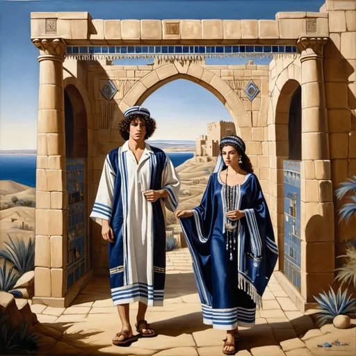 Prompt: elaborate embroided dark blue modest fringed dusty white dress with jewish symbols, torah ark covering, olive skin unhappy jewish couple with headwrap, kippa, and dark curly hair, jewish sidelocks, clothes with blue jewish stripes and fringes and black leather bands, brown leather sandals, man and woman is in Tiberias, detailed art jewish symbols menorah arch gate, ancient civilization, jewish art, fringes, cultic, rituals, holding a papyrus scroll,, gemstones, biblical cermony, pool on a hilltop, in the style of a 19th century european realist painting
