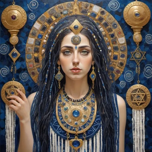 Prompt: elaborate abstract gustav klimt painting embroided dark blue modest fringed spiritual jewelry fringes white with jewish symbols on jewish woman flying, magic fringes bandana, leather sandals, golden foot link, eyes torah ark covering, smoke and steam coming from pottery ,alchemist, , elaborate, eyes, jewish, crystals growing, detailed, incense embroided, black jewish stripes and fringes and on women fringes, big columns, brown leather , in Jerusalem and dead sea, detailed holy valves,, hebrew crystals, fountain jewish symbols, ancient civilization, jewelry, shield and sword, jewish art, fringes, flowers, cultic, rituals, dead sea view, mikve, fountain, visual illusions, spring pool, sunny day, menorah, illusion, smoke, hypnotic, gemstones, sculpture, biblical immersion pool, crystals, female warrior, praying jews, pomegranate tree, mystery, next to the dead sea, landscape view,, in the style of a gustav klimt painting, in the style of gustav klimt
