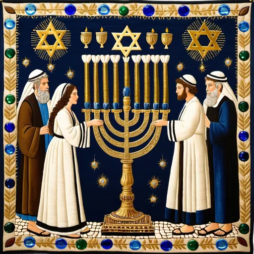 Prompt: elaborate embroided dark blue modest fringed dusty white dress with jewish symbols, torah ark covering, olive skin unhappy jewish couple with headwrap, kippa,  and dark curly hair, jewish sidelocks, clothes with blue jewish stripes and fringes and black leather bands, brown leather sandals, man and woman is in jerusalem detailed holy valves, 5 menorahs on floor, jewel crystals, gold fountain jewish symbols several menorah,  ancient civilization, 5 menorah on the floor jewish art, fringes, holding 7 armed candle menorah in hands, cultic, rituals, holding a papyrus scroll, mikve, fountain, spring pool, gemstones, biblical immersion pool, baptism in pool, more menorah on the floor, in the style of a 19th century european realist painting 
