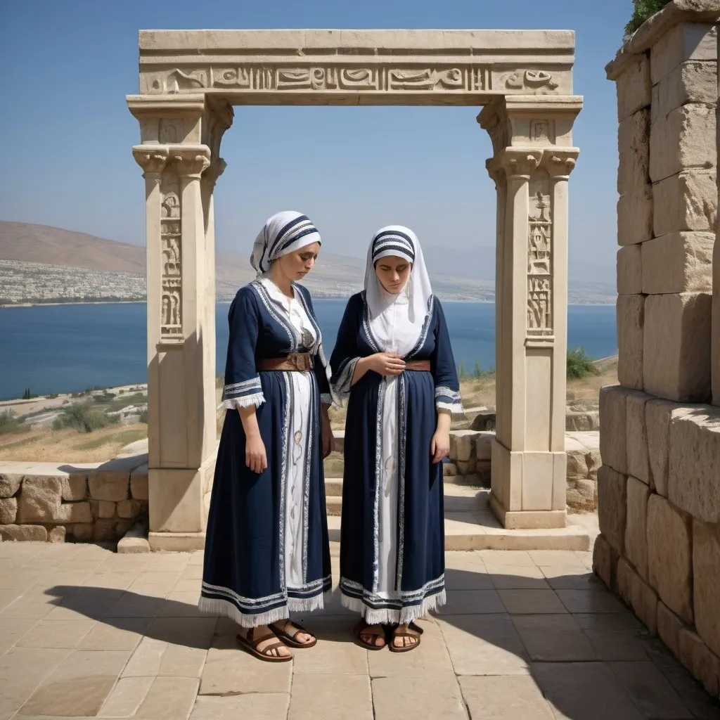 Prompt: in the style of detailed 19th century romantic painting, 2 sad women, elaborate embroided dark blue modest fringed dusty white dress with jewish symbols, torah ark covering, fountains of tears, 2 sad olive skin jewish women crying, with jewish turban, clothes with blue jewish stripes and fringes and black leather bands, brown leather sandals, 2 jewish women mourning in Tiberias, detailed art jewish symbols menorah arch gate, ancient civilization, jewish art, fringes, cultic, rituals,  gemstones, mirrors, crystals, water, jewish banners,, pool on a hilltop, ancient civilization, jewish art, fringes, cultic, rituals,  gemstones, mirrors, crystals, water, jewish banners,, pool on a hilltop, in the style of a 19th century detailed european romantic painting
 
