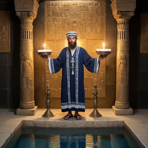 Prompt: elaborate embroided dark blue modest fringed dusty white dress with jewish symbols, torah ark covering, olive skin unhappy jewish couple with headwrap, kippa, and dark curly hair, jewish sidelocks, clothes with blue jewish stripes and fringes and black leather bands, brown leather sandals, man and woman is in jerusalem detailed holy valves dark wood gold fountain jewish symbols menorah, ancient civilization, jewish art, fringes, holding 7 armed candle menorah in hands, cultic, rituals, holding a papyrus scroll, mikve, fountain, spring pool, gemstones, biblical immersion pool, baptism in pool, in the style of a modern realist painting
