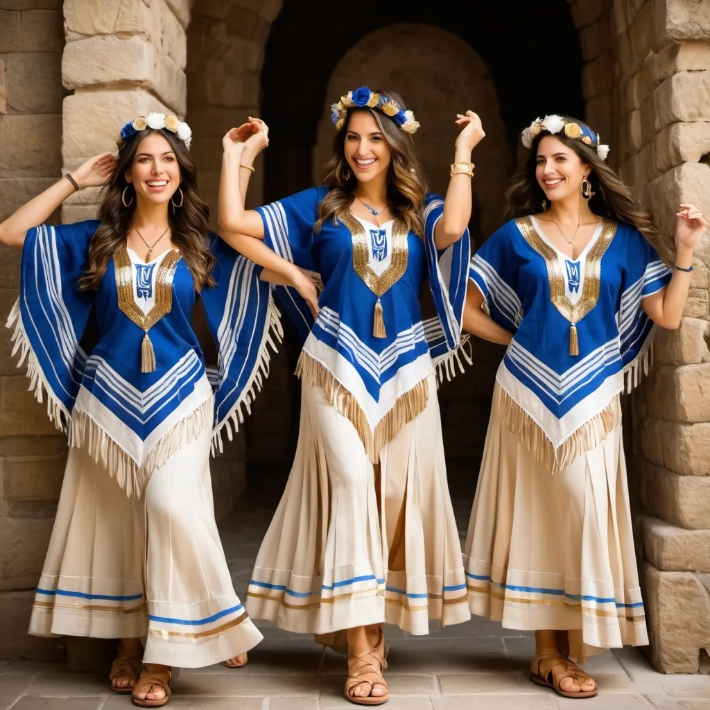 Prompt: 3 olive skin jewish women in trendy casual elaborate embroided modest shirt dancing holding hands with dark blue jewish symbols white fringes, fringes, harp, torah ark covering, the 3 olive skin women have blue bandanas, beige skirt has jewish stripes prayer shawl and fringes, horrah dancing, folk dancing, gold, menorah, jewelry, nose piercings, standing on a biblical ruin, dancing, leather sandals, fringes tzitzit, brown, jewish, gold, elaborate,, dancing hand in hand harp, brown blue stripes