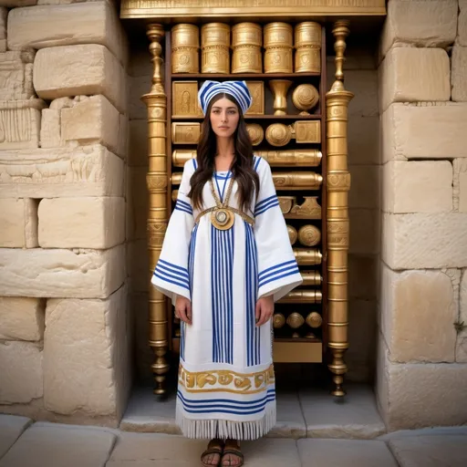 Prompt: elaborate embroided dark white modest fringed priestess with jewish symbols, torah ark covering, olive skin women with headwrap and dark hair, clothes with blue jewish stripes and fringes, leather sandals, women is in jerusalem western wall holy valves dark wood gold,  ancient civilization, art, fringes, holding menorah in hands
