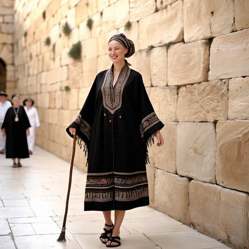 Prompt: elaborate jewish embroided black modest dress with jewish symbols, torah ark covering, olive skin women with headwrap shawl, no hair, dress has jewish pattern and fringes, leather sandals, women is in jerusalem western wall, stripes, fringes, haredi, hassidic, walking stick
