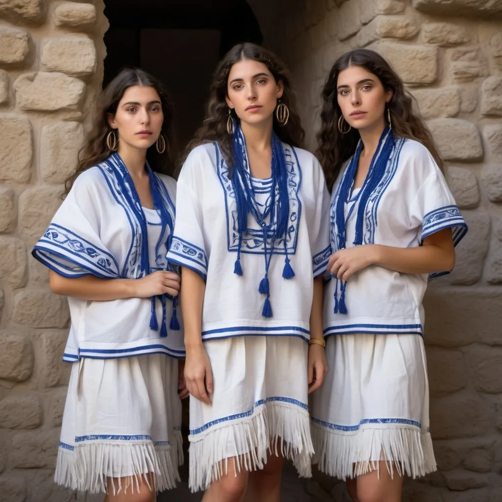 Prompt: 3 olive skin jewish women in trendy casual elaborate embroided modest shirt with dark blue jewish symbols white fringes, of the shopulder, fringes, torah ark covering, the 3 olive skin women have blue bandanas, skirt has jewish stripes prayer shawl and fringes, gold jewelry, nose piercing, standing on a biblcial ruin, leather sandals, white fringes tzitzit 
