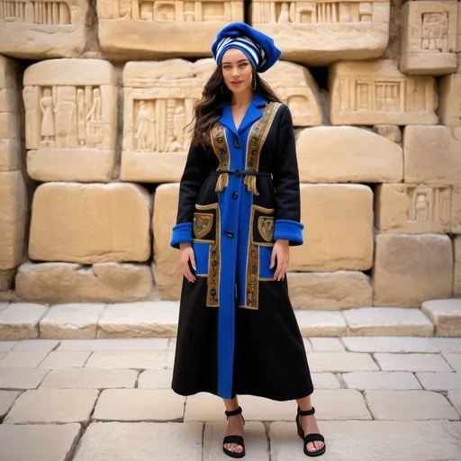 Prompt: elaborate embroided dark black modest winter dress coat with jewish symbols, torah ark covering, olive skin women with headwrap and dark hair. dress has blue jewish stripes and fringes, leather sandals, women is in jerusalem western wall holy valves dark wood gold
