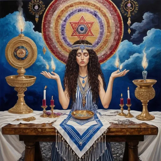 Prompt: elaborate surealism ruby klimt painting, embroided dark blue fringed spiritual jewelry fringes white with jewish symbols on two brown skinned mizrahi jewish women flying laying holding hands, magic fringes jewish cotton bandana, knives and spears floating in the red wine sky, rainy day, leather sandals, swords and bow and arrow with eyes, golden foot link, geologic wild growing crystals, eyes torah ark covering, fringed striped skirt, smoke and steam coming from sculpture,alchemist, floating crown, painting, sky is ruby, elaborate, davids slung, lapiz lazuli table, amethyst, eyes, jewish, two women floating in space, crystals growing, detailed, standing on in jerusalem hill, incense embroided, black jewish clothing stripes and fringes and on 2 women, blue and white linen with fringes, prayer shawl, in Jerusalem and dead sea, detailed holy valves, hebrew crystals, torah scroll, fountain jewish symbols, curly hair olive skin, ancient civilization, jewelry, shabbat dinner table, levitating, menorah, 2 women supporting each-other feminism, glitter on table, shining art, jewish art, fringes, flowers, cultic, rituals, dead sea view, visual illusions, spring pool, rain, menorah, torah scroll, illusion, jewish stars, smoke, hypnotic, gemstones, sculpture, biblical, clouds, crystals, warrior, praying jews, ancient mound, mystery, next to the dead sea, landscape view,, in the style of a surrealist painting, in the style of klimt painting
