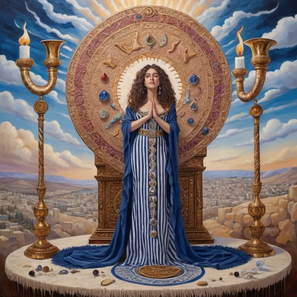 Prompt: elaborate surealism rose gold klimt painting, embroided dark blue fringed spiritual jewelry fringes white with jewish symbols on two brown skinned mizrahi jewish women flying laying holding hands trumpet, magic fringes jewish symbols scrolls, knives and spears floating in the lightning sunrise sky, leather sandals, swords and bow and arrow with eyes, shofar horn, biblical rock cut tombs, eyes torah ark covering, fringed striped skirt, , alchemist, floating ibex horns shofar, painting, sky is burgundy elaborate, davids slung, lapiz lazuli animal horn, pillars, amethyst, eyes, jewish, two women floating in space blowing a horn, crystals growing, detailed, standing on in jerusalem hill, incense embroided, black jewish clothing stripes and fringes and on 2 women, blue and white linen with fringes, prayer shawl, in Jerusalem and dead sea, jupiter, detailed holy valves, forgivness, hebrew crystals, torah scroll, fountain jewish symbols, curly hair olive skin, ancient civilization, jewelry, shofar ram horn, levitating, menorah, 2 women supporting each-other feminism, glitter on table, shining art, jewish art, fringes, flowers, shofar, cultic, rituals, dead sea view, visual illusions, bugle horn, spring pool, meteor, menorah, torah scroll, illusion, jewish stars, smoke, hypnotic, gemstones, saying goodbye, women dancing, rosh hashana, sculpture, biblical, clouds, crystals, warrior blowing horn,, praying jews, ancient mound, blowing the horn, mystery, next to the dead sea, landscape view, in the style of a surrealist painting, in the style of klimt painting
