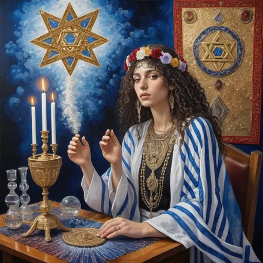 Prompt: elaborate surealism silvery klimt painting, embroided dark blue fringed spiritual jewelry fringes white with jewish symbols on two brown skinned mizrahi jewish women flying laying holding hands, magic fringes jewish hat, knives and spears floating in the red wine sky, rainy day, leather sandals, swords and bow and arrow with eyes, golden foot link, geologic wild growing crystals, eyes torah ark covering, fringed striped skirt, smoke and steam coming from sculpture,alchemist, floating crown, painting, sky is metallic, elaborate, davids slung, lapiz lazuli table, amethyst, eyes, jewish, two women floating in space, crystals growing, detailed, standing on in jerusalem hill, incense embroided, black jewish clothing stripes and fringes and on 2 women, blue and white linen with fringes, prayer shawl, in Jerusalem and dead sea, detailed holy valves, hebrew crystals, torah scroll, fountain jewish symbols, curly hair olive skin, ancient civilization, jewelry, shabbat dinner table, levitating, menorah, 2 women supporting each-other feminism, glitter on table, shining art, jewish art, fringes, flowers, cultic, rituals, dead sea view, visual illusions, spring pool, rain, menorah, torah scroll, illusion, jewish stars, smoke, hypnotic, gemstones, sculpture, biblical, clouds, crystals, warrior, praying jews, ancient mound, mystery, next to the dead sea, landscape view,, in the style of a surrealist painting, in the style of klimt painting
