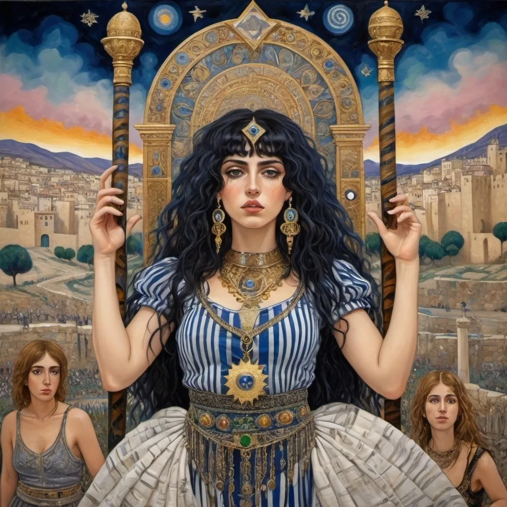 Prompt: elaborate abstract gustav klimt jugend painting, embroided dark blue fringed spiritual modest jewelry fringes white with jewish symbols on brown skinned mizrahi jewish woman knight fighting war in striped blue and white fringed modest jewish armor, magic swords in their hands, warrior women in bandana, leather sandals, menorah star of david swords, golden jewish swords, eyes torah ark covering, fringed striped skirt, smoke and steam coming from pottery ,3 women fighting war, pulling sword from the earth, , black hair, elaborate israeli , eyes, jewish, crystals growing, detailed, standing on in jerusalem hill, pink and green jewish sky, ancient soldiers, incense embroided, black jewish stripes clothing and fringes and on women fringes, big columns, in Jerusalem and dead sea, detailed holy valves,, hebrew 3 women fighting war and 1 on the ground kissing the earth fountain jewish symbols, ancient civilization, jewelry, menorah, jewish art, fringes, flowers, cultic, rituals, dead sea view, mikve, fountain, visual illusions, knives laying down, spring pool, sunset, menorah, illusion, knives on the ground, jewish stars, smoke, hypnotic, beauty, gemstones, sculpture, biblical immersion pool, 3 women fighting war elaborate and 1 on the ground kissing the earth, female warrior, praying jews, war battle, swords in ground, mystery, next to the dead sea, landscape view,, in the style of a gustav klimt surealism painting, in the style of gustav klimt vienna surealist painting 
