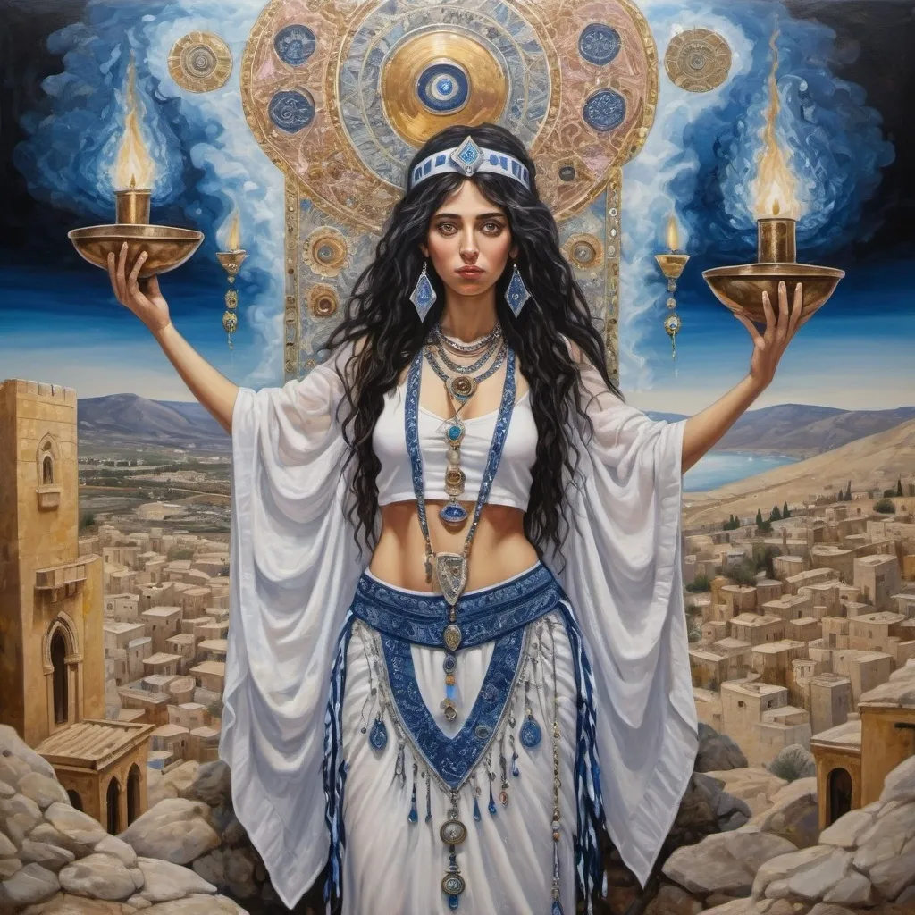 Prompt: elaborate surealism silver klimt painting, embroided dark blue fringed spiritual jewelry fringes white with jewish symbols on two brown skinned mizrahi jewish women flying holding hands, magic fringes cloth bandana, colorfull knives and spears floating in the pink sky, rainy day, leather sandals, swords and bow and arrow with eyes, golden foot link, geologic wild growing crystals, eyes torah ark covering, fringed striped skirt, smoke and steam coming from pottery ,alchemist, , floating crown, elaborate, eyes, jewish, two women floating in space, crystals growing, detailed, standing on in jerusalem hill, incense embroided, black jewish clothing stripes and fringes and on 2 women, blue and white linen with fringes, prayer shawl, in Jerusalem and dead sea, detailed holy valves, hebrew crystals, fountain jewish symbols, black hair olive skin, ancient civilization, jewelry, levitating, menorah, 2 women supporting eachother femenism, glitter, shining art, jewish art, fringes, flowers, cultic, rituals, dead sea view, visual illusions, spring pool, rain, menorah, illusion, jewish stars, smoke, hypnotic, gemstones, sculpture, biblical, clouds, crystals, warrior, praying jews, ancient mound, mystery, next to the dead sea, landscape view,, in the style of a surealist painting, in the style of klimt painting
