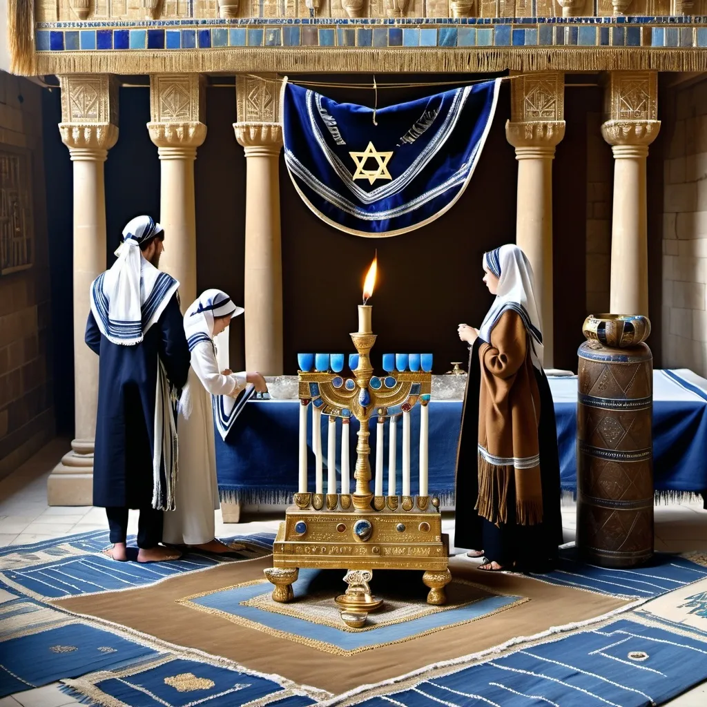 Prompt: elaborate embroided dark blue modest fringed dusty white dress with jewish symbols, torah ark covering, olive skin unhappy jewish couple with headwrap, kippa,  and dark curly hair, jewish sidelocks, clothes with blue jewish stripes and fringes and black leather bands, brown leather sandals, man and woman is in jerusalem detailed holy valves, 5 menorahs on floor, jewel crystals, gold fountain jewish symbols several menorah,  ancient civilization, 5 menorah on the floor jewish art, fringes, holding 7 armed candle menorah in hands, cultic, rituals, holding a papyrus scroll, mikve, fountain, spring pool, gemstones, biblical immersion pool, baptism in pool, more menorah on the floor, in the style of a 19th century european realist painting 
