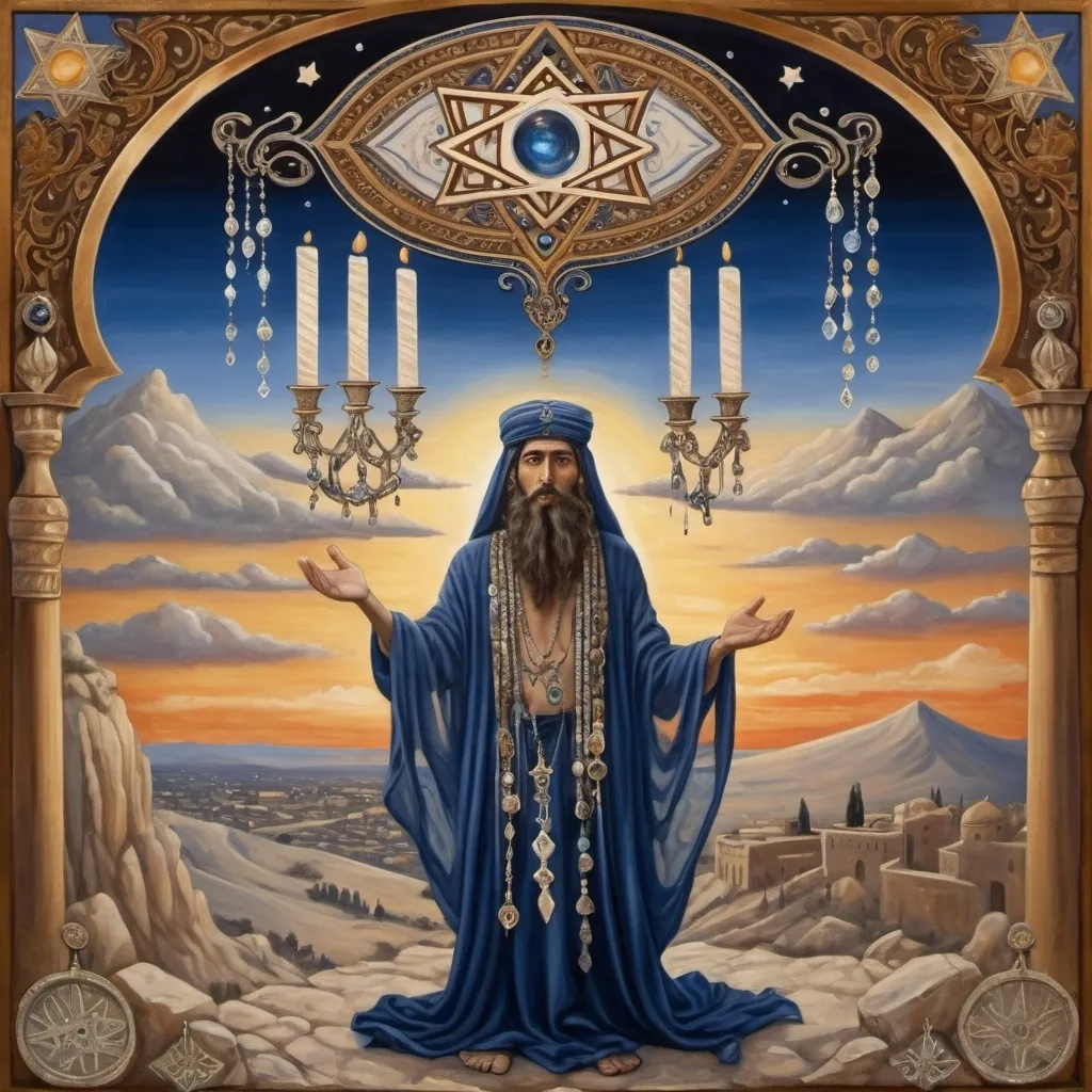 Prompt: elaborate Art Nouveau
painting, embroided dark blue fringed spiritual jewelry fringes white with jewish symbols on brown skinned mizrahi jewish man flying, magic fringes bandana, sunset, leather sandals, golden foot link, eyes torah ark covering, fringed striped skirt, smoke and steam coming from pottery ,alchemist, , elaborate, eyes, jewish, women floating in space, crystals growing, detailed, standing on in jerusalem hill, incense embroided, black jewish stripes and fringes and on man fringes, prayer shawl, in Jerusalem and dead sea, detailed holy valves, hebrew crystals, fountain jewish symbols, black hair olive skin, ancient civilization, jewelry, levitating, menorah, jewish art, fringes, flowers, cultic, rituals, dead sea view, visual illusions, spring pool, sunset, menorah, illusion, jewish stars, smoke, hypnotic, gemstones, sculpture, biblical, clouds, crystals, female warrior, praying jews, pomegranate tree, mystery, next to the dead sea, landscape view,, in the style of a Art Nouveau painting, in the style of Art Nouveau painting
