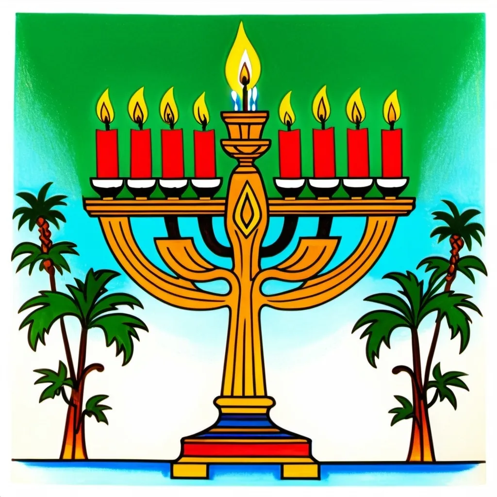 Prompt: elaborate color jugend drawing of  menorah, date palm tree, 