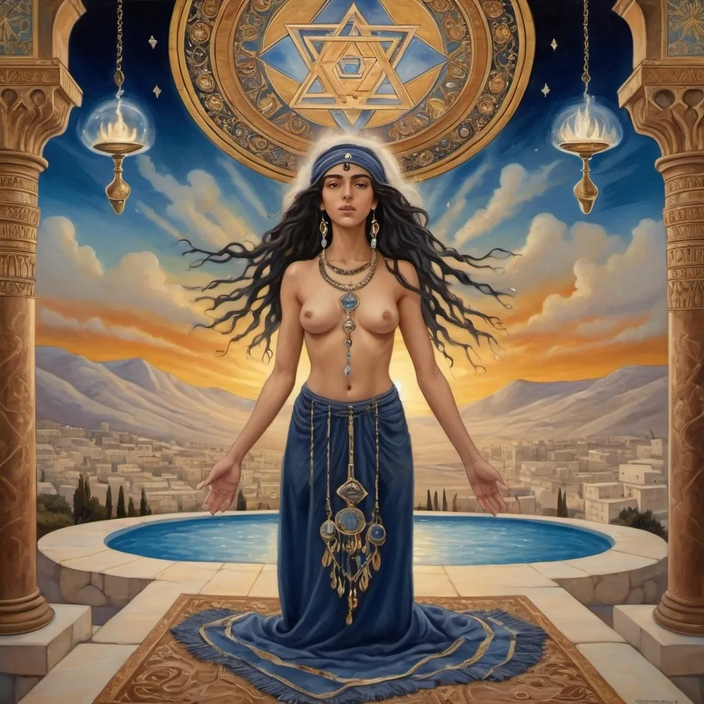 Prompt: elaborate Art Nouveau
painting, embroided dark blue fringed spiritual jewelry fringes white with jewish symbols on brown skinned mizrahi jewish woman flying, magic fringes bandana, sunset, leather sandals, golden foot link, eyes torah ark covering, fringed striped skirt, smoke and steam coming from pottery ,alchemist, , elaborate, eyes, jewish, women floating in space, crystals growing, detailed, standing on in jerusalem hill, incense embroided, black jewish stripes and fringes and on women fringes, in Jerusalem and dead sea, detailed holy valves, hebrew crystals, fountain jewish symbols, black hair olive skin, ancient civilization, jewelry, levitating, menorah, jewish art, fringes, flowers, cultic, rituals, dead sea view, mikve, fountain, visual illusions, spring pool, sunset, menorah, illusion, jewish stars, smoke, hypnotic, gemstones, sculpture, biblical immersion pool, clouds, crystals, female warrior, praying jews, pomegranate tree, mystery, next to the dead sea, landscape view,, in the style of a Art Nouveau
painting, in the style of Art Nouveau
 painting
