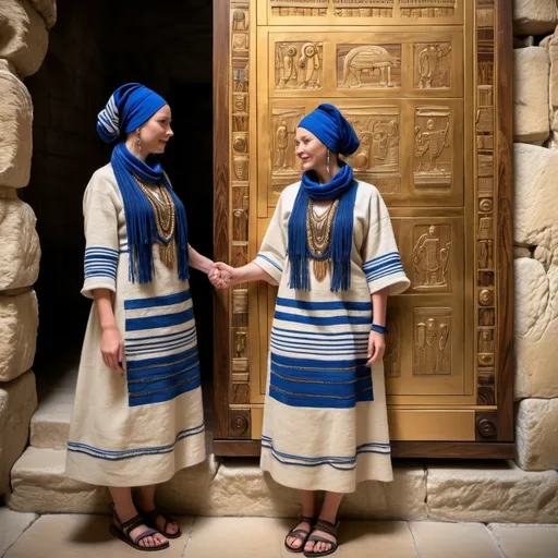 Prompt: elaborate embroided dark modest clothing with jewish symbols, torah ark covering, olive skin women with headwrap and dark hair, clothes with blue jewish stripes and fringes, leather sandals, women is in jerusalem western wall holy valves dark wood gold,  ancient civilization, art, fringes
