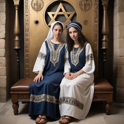 Prompt: elaborate embroided dark blue modest fringed dusty white dress with jewish symbols and fringes, torah ark covering, olive skin sad jewish lesbian women with headwrap, kippa, and dark curly hair, top of castle, clothes with blue jewish stripes and fringes and black leather bands, brown leather sandals, lesbian women are in detailed holy valves dark wood gold fountain jewish symbols menorah, ancient civilization, jewish art, fringes, cultic, rituals, holding one another, mikve, sofas, lounge area in synagouge, fountain, spring pool, gemstones, biblical immersion pool, baptism in pool, in the style of a 19th century european realist painting
