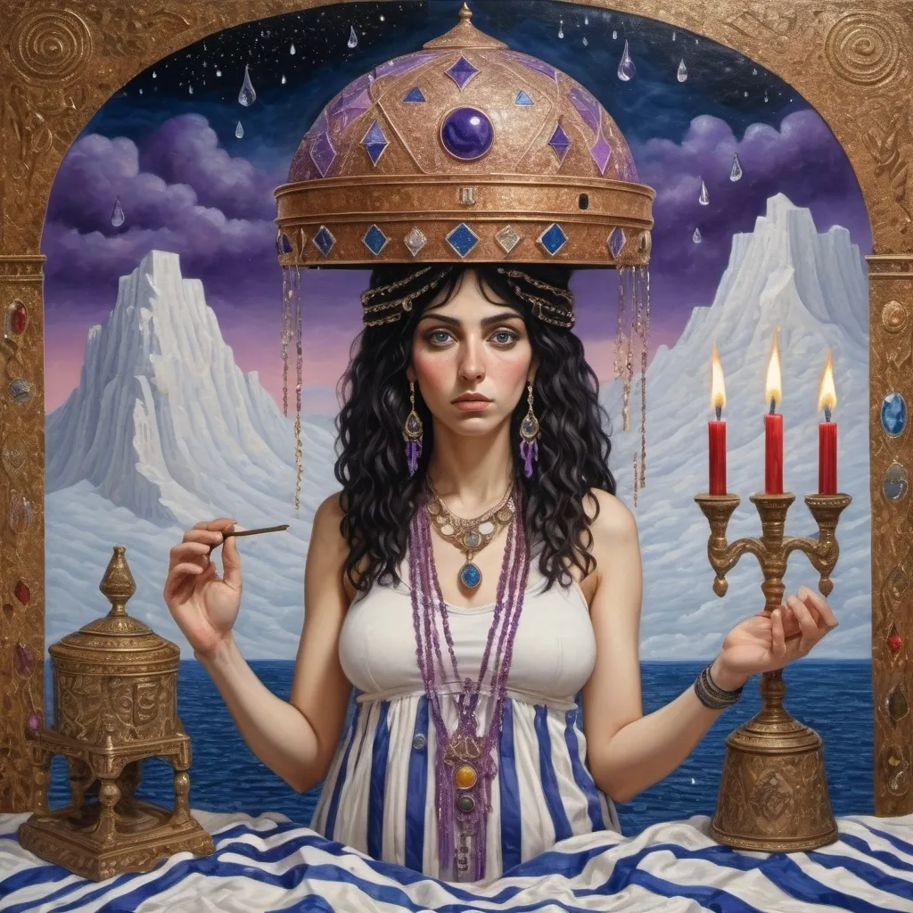 Prompt: elaborate surealism copper klimt painting, embroided dark blue fringed spiritual jewelry fringes white with jewish symbols on two brown skinned mizrahi jewish women flying laying holding hands, magic fringes jewish cotton bandana, knives and spears floating in the purple sky, rainy day, leather sandals, swords and bow and arrow with eyes, golden foot link, geologic wild growing crystals, eyes torah ark covering, fringed striped skirt, smoke and steam coming from sculpture,alchemist, floating crown, painting, sky is red, elaborate, davids slung, lapiz lazuli cliff mine, amethyst, eyes, jewish, two women floating in space, crystals growing, purple sky, detailed, standing on in jerusalem hill, incense embroided, black jewish clothing stripes and fringes and on 2 women, blue and white linen with fringes, prayer shawl, in Jerusalem and dead sea, detailed holy valves, hebrew crystals, torah scroll, fountain jewish symbols, black hair olive skin, ancient civilization, jewelry, pregnant, levitating, menorah, 2 women supporting each-other feminism, glitter, shining art, jewish art, fringes, flowers, cultic, rituals, dead sea view, visual illusions, spring pool, rain, menorah, torah scroll, illusion, jewish stars, smoke, hypnotic, gemstones, sculpture, biblical, clouds, crystals, warrior, praying jews, ancient mound, mystery, next to the dead sea, landscape view,, in the style of a surrealist painting, in the style of klimt painting
