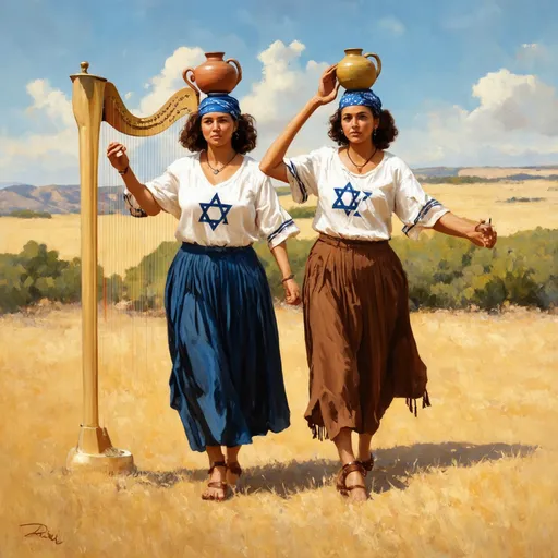 Prompt: 2 dancing olive skin jewish women transporting water jug on their head, biblical pottery water jug with jewish art carried on their head in casual elaborate embroided modest shirt with dark blue jewish symbols white fringes, fringes, harp, torah ark covering, the 2 olive skin women have blue bandanas, brown or blue skirt has jewish stripes prayer shawl and fringes, ceramic water jug balanced on head, gold, menorah, jewelry, nose piercings, walking in dry field, leather sandals, fringes tzitzit, brown, jewish, gold, elaborate,, holding harp, brown blue stripes, cloth bandana, walking with water jug carried on head, in the style of a 19th century european realist painting
