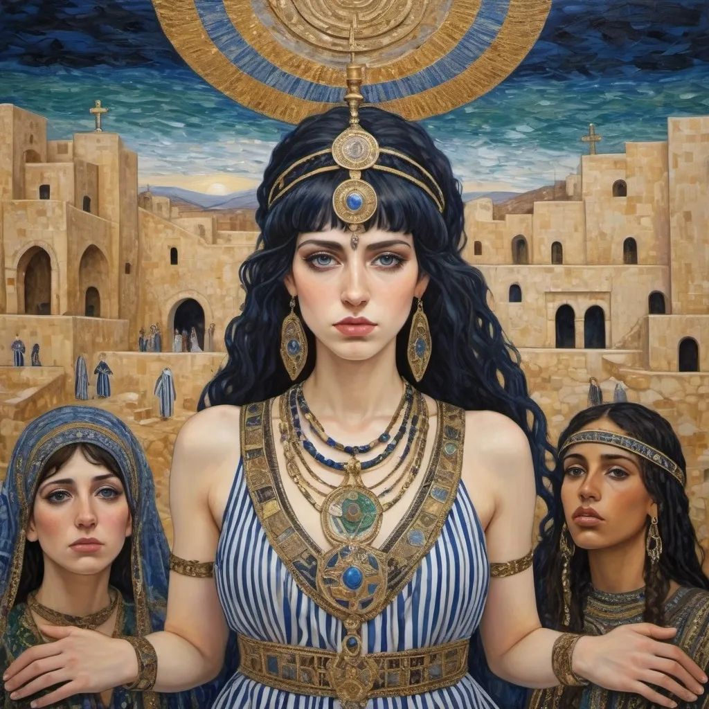 Prompt: elaborate abstract gustav klimt jugend painting, embroided dark blue fringed spiritual modest jewelry fringes white with jewish symbols on brown skinned mizrahi modest jewish woman knight fighting war in striped blue and white fringed modest jewish armor shirt, magic swords in their hands, warrior women in bandana, leather sandals, menorah star of david swords, golden jewish swords, eyes torah ark covering, fringed striped modest skirt, smoke and steam coming from pottery ,3 women fighting war, pulling sword from the earth, , black hair, elaborate israeli , eyes, jewish, crystals growing, detailed, standing on in jerusalem hill, pink and green jewish sky, ancient soldiers, swimming, incense embroided, black jewish stripes clothing and fringes and on women fringes, big columns, in Jerusalem and dead sea, detailed holy valves,, hebrew 3 women fighting war and 1 on the ground kissing the earth fountain jewish symbols, ancient civilization, jewelry, menorah, jewish art, fringes, flowers, cultic, rituals, dead sea view, mikve, fountain, visual illusions, knives laying down, spring pool, sunset, menorah, illusion, knives on the ground, jewish stars, smoke, hypnotic, beauty, in the dead seagemstones, sculpture, biblical immersion pool, 3 women fighting war elaborate and 1 on the ground kissing the earth, female warrior, praying jews, war battle, swords in ground, mystery, next to the dead sea, landscape view,, in the style of a gustav klimt surealism painting, in the style of gustav klimt vienna surealist painting
