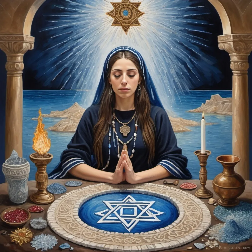 Prompt: elaborate painting embroided dark blue modest fringed spiritual jewelry fringes white with jewish symbols on jewish woman meditating fringes bandana, eyes torah ark covering, smoke and steam coming from pottery ,meditation, , elaborate, eyes, jewish, crystals growing, detailed, incense embroided, black jewish stripes and fringes and on women fringes, big columns, brown leather , in Jerusalem and dead sea, detailed holy valves,, hebrew crystals, fountain jewish symbols, ancient civilization, jewelry, shield and sword, jewish art, fringes, flowers, cultic, rituals, dead sea view, mikve, fountain, visual illusions, spring pool, sunny day, menorah, illusion, smoke, hypnotic, gemstones, sculpture, biblical immersion pool, crystals, female warrior, praying jews, pomegranate tree, mystery, next to the dead sea, landscape view,, in the style of a impressionist monet painting, in the style of a van gogh
