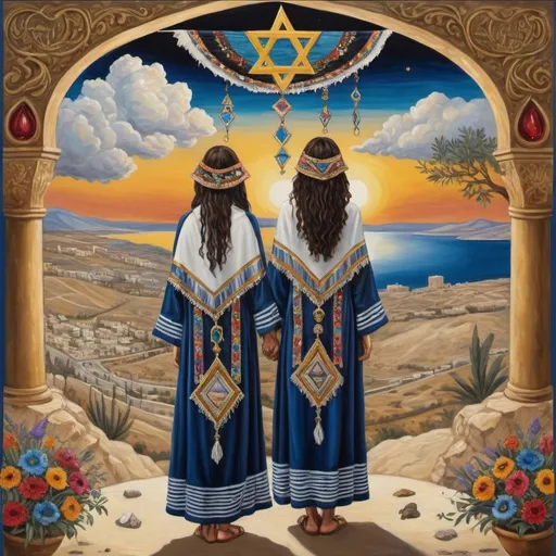 Prompt: elaborate surealism painting, embroided dark blue fringed spiritual jewelry fringes white with jewish symbols on two brown skinned mizrahi jewish women flying holding hands, magic fringes bandana, colorfull flowers and leaves floating in the sky, bright sunny day, leather sandals, wings with eyes in the sky, golden foot link, eyes torah ark covering, fringed striped skirt, smoke and steam coming from pottery ,alchemist, , elaborate, eyes, jewish, two women floating in space, crystals growing, detailed, standing on in jerusalem hill, incense embroided, black modesst jewish clothing stripes and fringes and on 2 women, fringes, prayer shawl, in Jerusalem and dead sea, detailed holy valves, hebrew crystals, fountain jewish symbols, black hair olive skin, ancient civilization, jewelry, levitating, menorah, jewish art, fringes, flowers, cultic, rituals, dead sea view, visual illusions, spring pool, sunset, menorah, illusion, jewish stars, smoke, hypnotic, gemstones, sculpture, biblical, clouds, crystals, warrior, praying jews, pomegranate tree, mystery, next to the dead sea, landscape view,, in the style of a surealist painting, in the style of klimt painting
