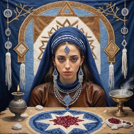 Prompt: elaborate painting embroided dark blue modest fringed spiritual jewelry fringes white with jewish symbols on jewish woman meditating fringes bandana, eyes torah ark covering, smoke and steam coming from pottery ,meditation, , elaborate, eyes, jewish, crystals growing, detailed, incense embroided, black jewish stripes and fringes and on women fringes, big columns, brown leather , in Jerusalem and dead sea, detailed holy valves,, hebrew crystals, fountain jewish symbols, ancient civilization, jewelry, shield and sword, jewish art, fringes, flowers, cultic, rituals, dead sea view, mikve, fountain, visual illusions, spring pool, sunny day, menorah, illusion, smoke, hypnotic, gemstones, sculpture, biblical immersion pool, crystals, female warrior, praying jews, pomegranate tree, mystery, next to the dead sea, landscape view,, in the style of a impressionist pissaro painting, in the style of a van gogh
