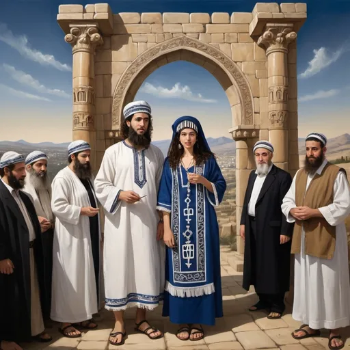 Prompt: elaborate embroided dark blue modest fringed dusty white dress with jewish symbols, torah ark covering, olive skin unhappy jewish couple with headwrap, kippa, and dark curly hair, jewish sidelocks, clothes with blue jewish stripes and fringes and black leather bands, brown leather sandals, man and woman is in Tiberias, detailed art jewish symbols menorah arch gate, ancient civilization, jewish art, fringes, cultic, rituals, holding a papyrus scroll,, gemstones, biblical cermony, pool on a hilltop, in the style of a 19th century european realist painting
