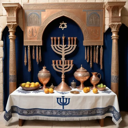 Prompt: elaborate embroided dark blue modest fringed dusty fringes white dress with jewish symbols on jewish women, torah ark covering ,on table, olive skin, elaborate, detailed, fruits on table  embroided,  black jewish stripes and fringes and on women bandana fringes, big columns, brown leather ,  in Jerusalem and dead sea, detailed holy valves, mural, copper menorah, hebrew jewel crystals, copper fountain jewish symbols, ancient civilization, 5 menorahs on the floor jewish art, fringes, flowers, cultic, rituals, a papyrus scroll, dead sea view, mikve, fountain, spring pool, sunny day, gemstones, biblical immersion pool, female warrior, sofas, praying jews, pomegranate tree, ,next to the dead sea, landscape view,, in the style of a 19th century european realist painting
