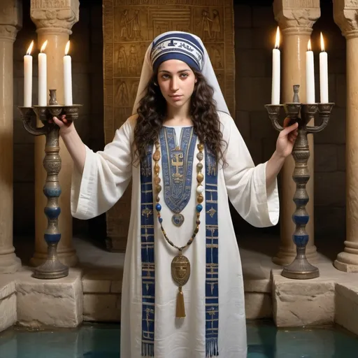 Prompt: elaborate embroided dark blue modest fringed dusty white dress with jewish symbols, torah ark covering, olive skin unhappy jewish lesbian women with headwrap, kippa, and dark curly hair, jewish sidelocks, clothes with blue jewish stripes and fringes and black leather bands, brown leather sandals,  lesbian women are in jerusalem detailed holy valves dark wood gold fountain jewish symbols menorah, ancient civilization, jewish art, fringes, holding 7 armed candle menorah in left hand and bronze knife in right hand, cultic, rituals, holding a papyrus scroll, mikve, fountain, spring pool, gemstones, biblical immersion pool, baptism in pool, in the style of a 19th century european realist painting
 
