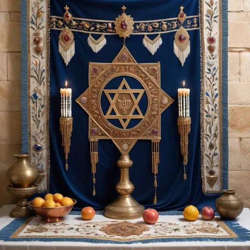 Prompt: elaborate embroided dark blue modest fringed dusty fringes white dress with jewish symbols on jewish women, torah ark covering, olive skin, elaborate, detailed, fruits  embroided,  black jewish stripes and fringes and  on women bandana fringes, big columns, brown leather ,  in Jerusalem and dead sea, detailed holy valves, mural, copper menorah, hebrew jewel crystals, copper fountain jewish symbols, ancient civilization, 5 menorahs on the floor jewish art, fringes, fig tree, flowers, cultic, rituals, a papyrus scroll, dead sea view, mikve, fountain, spring pool, sunny day, gemstones, biblical immersion pool, female warrior, sofas, praying jews, pomegranate tree, ,next to the dead sea, landscape view,, in the style of a 19th century european realist painting
