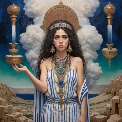 Prompt: elaborate surealism copper klimt painting, embroided dark blue fringed spiritual jewelry fringes white with jewish symbols on two brown skinned mizrahi jewish women flying laying holding hands, magic fringes jewish cotton bandana, knives and spears floating in the blood red sky, rainy day, leather sandals, swords and bow and arrow with eyes, golden foot link, geologic wild growing crystals, eyes torah ark covering, fringed striped skirt, smoke and steam coming from pottery ,alchemist, , floating crown, elaborate, saber sword, lapiz lazuli cliff mine, amethyst, eyes, jewish, two women floating in space, crystals growing, green sky, detailed, standing on in jerusalem hill, incense embroided, black jewish clothing stripes and fringes and on 2 women, blue and white linen with fringes, prayer shawl, in Jerusalem and dead sea, detailed holy valves, hebrew crystals, fountain jewish symbols, black hair olive skin, ancient civilization, jewelry, levitating, menorah, 2 women supporting eachother femenism, glitter, shining art, jewish art, fringes, flowers, cultic, rituals, dead sea view, visual illusions, spring pool, rain, menorah, illusion, jewish stars, smoke, hypnotic, gemstones, sculpture, biblical, clouds, crystals, warrior, praying jews, ancient mound, mystery, next to the dead sea, landscape view,, in the style of a surealist painting, in the style of klimt painting
