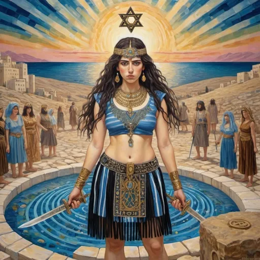 Prompt: elaborate abstract gustav klimt jugend painting, embroided dark blue fringed spiritual modest jewelry fringes white with jewish symbols on brown skinned mizrahi modest jewish woman knight fighting war in striped blue and black fringed modest jewish armor shirt, magic swords in their hands, warrior women in bandana, leather sandals, menorah star of david swords, golden jewish swords, eyes torah ark covering, fringed striped modest skirt, smoke and steam coming from pottery ,3 women fighting war, jewish shield, jewish weapon, pulling sword from the earth, , black hair, elaborate israeli , floating ocean golden evil eyes, jewish, crystals growing, tropical plants and flowers, detailed, standing on in israeli hill, pink and green jewish sky, ancient soldiers, swimming, incense embroided, black jewish stripes clothing and fringes and on women fringes, big columns, in Jerusalem and dead sea, detailed holy valves,, hebrew 3 women fighting war and 1 on the ground kissing the earth fountain jewish symbols, ancient civilization, jewelry, menorah, jewish art, fringes, flowers, cultic, rituals, dead sea view, mikve, fountain, visual illusions, knives laying down, spring pool, sunset, menorah, illusion, knives on the ground, jewish stars, smoke, hypnotic, beauty, in the dead seagemstones, sculpture, biblical immersion pool, 3 women fighting war elaborate and 1 on the ground kissing the earth, female warrior, praying jews, war battle, swords in ground, mystery, next to the dead sea, landscape view,, in the style of a gustav klimt surealism painting, in the style of gustav klimt vienna surealist painting
