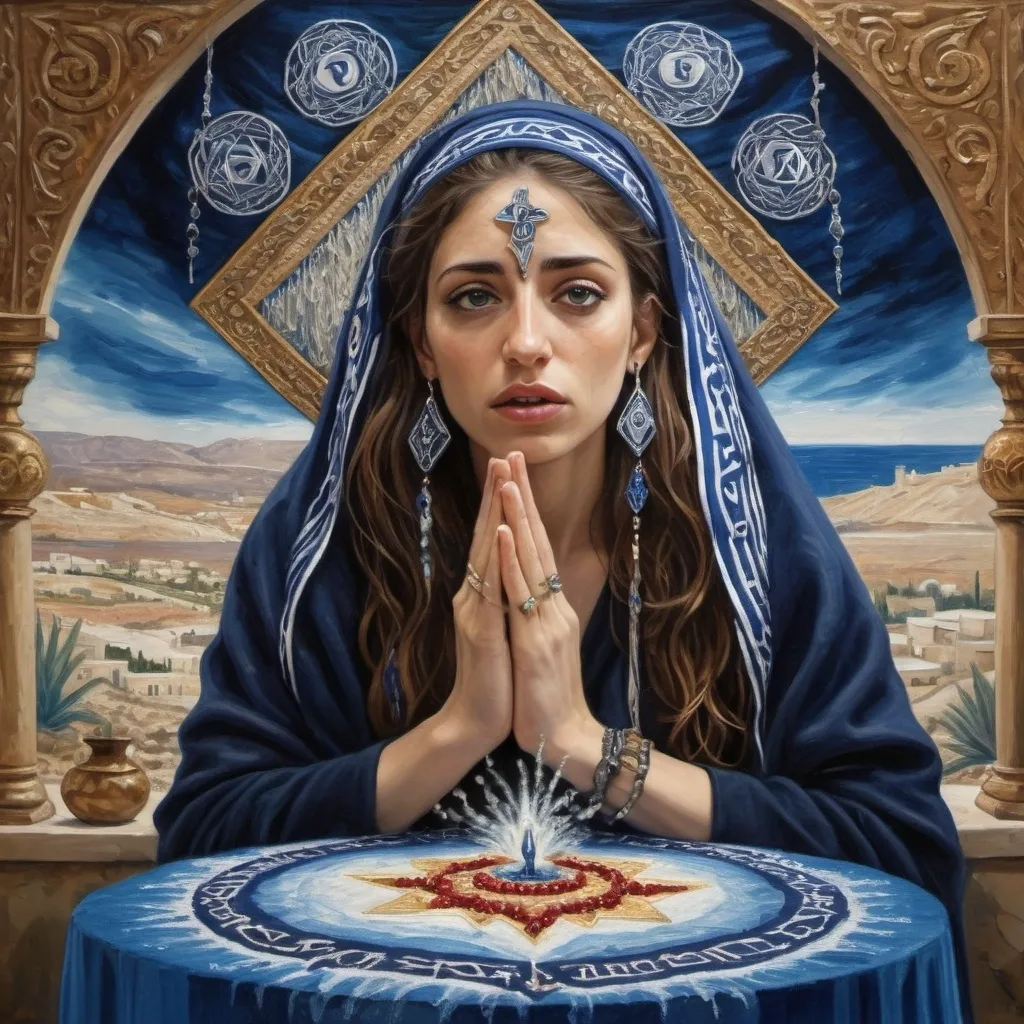 Prompt: elaborate painting embroided dark blue modest fringed spiritual jewelry fringes white with jewish symbols on jewish woman screaming magic fringes bandana, eyes torah ark covering, smoke and steam coming from pottery ,alchemist, , elaborate, eyes, jewish, crystals growing, detailed, incense embroided, black jewish stripes and fringes and on women fringes, big columns, brown leather , in Jerusalem and dead sea, detailed holy valves,, hebrew crystals, fountain jewish symbols, ancient civilization, jewelry, shield and sword, jewish art, fringes, flowers, cultic, rituals, dead sea view, mikve, fountain, visual illusions, spring pool, sunny day, menorah, illusion, smoke, hypnotic, gemstones, sculpture, biblical immersion pool, crystals, female warrior, praying jews, pomegranate tree, mystery, next to the dead sea, landscape view,, in the style of a impressionist monet painting, in the style of a van gogh
