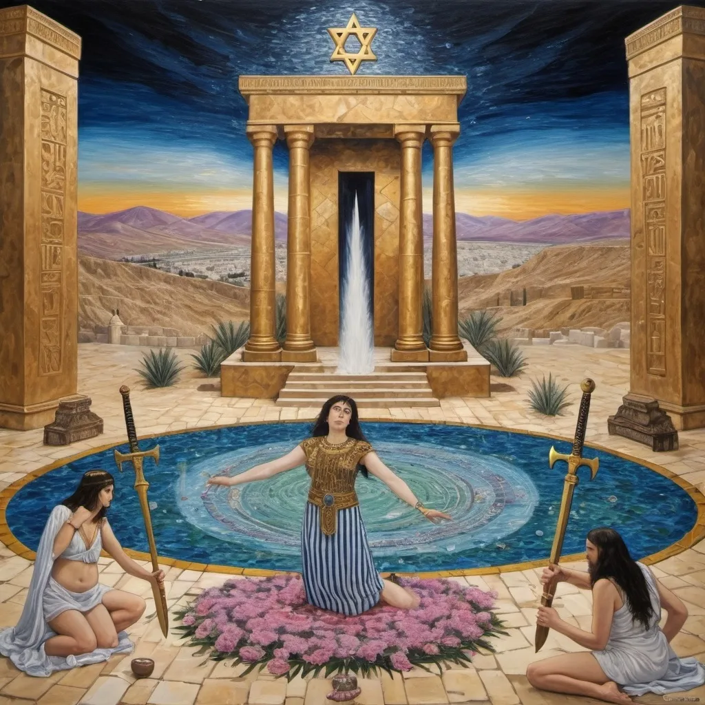 Prompt: elaborate abstract gustav klimt jugend painting, embroided dark blue fringed spiritual modest jewelry fringes white with jewish symbols on brown skinned mizrahi modest jewish woman knight fighting war in striped blue and white fringed modest jewish armor shirt, magic swords in their hands, warrior women in bandana, leather sandals, menorah star of david swords, golden jewish swords, eyes torah ark covering, fringed striped modest skirt, smoke and steam coming from pottery ,3 women fighting war, jewish shield, jewish weapon, pulling sword from the earth, , black hair, elaborate israeli , floating ocean golden evil eyes, jewish, crystals growing, tropical plants and flowers, detailed, standing on in jerusalem hill, pink and green jewish sky, ancient soldiers, swimming, incense embroided, black jewish stripes clothing and fringes and on women fringes, big columns, in Jerusalem and dead sea, detailed holy valves,, hebrew 3 women fighting war and 1 on the ground kissing the earth fountain jewish symbols, ancient civilization, jewelry, menorah, jewish art, fringes, flowers, cultic, rituals, dead sea view, mikve, fountain, visual illusions, knives laying down, spring pool, sunset, menorah, illusion, knives on the ground, jewish stars, smoke, hypnotic, beauty, in the dead seagemstones, sculpture, biblical immersion pool, 3 women fighting war elaborate and 1 on the ground kissing the earth, female warrior, praying jews, war battle, swords in ground, mystery, next to the dead sea, landscape view,, in the style of a gustav klimt surealism painting, in the style of gustav klimt vienna surealist painting
