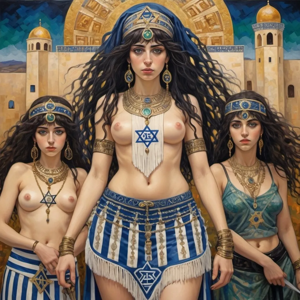 Prompt: elaborate abstract gustav klimt jugend painting, embroided dark blue fringed spiritual modest jewelry fringes white with jewish symbols on brown skinned mizrahi jewish woman knight fighting war in striped blue and white fringed modest jewish armor, magic swords in their hands, warrior women in bandana, leather sandals, menorah star of david swords, golden jewish swords, eyes torah ark covering, fringed striped skirt, smoke and steam coming from pottery ,3 women fighting war, pulling sword from the earth, , black hair, elaborate israeli , eyes, jewish, crystals growing, detailed, standing on in jerusalem hill, pink and green jewish sky, ancient soldiers, incense embroided, black jewish stripes clothing and fringes and on women fringes, big columns, in Jerusalem and dead sea, detailed holy valves,, hebrew 3 women fighting war and 1 on the ground kissing the earth fountain jewish symbols, ancient civilization, jewelry, menorah, jewish art, fringes, flowers, cultic, rituals, dead sea view, mikve, fountain, visual illusions, knives laying down, spring pool, sunset, menorah, illusion, knives on the ground, jewish stars, smoke, hypnotic, beauty, gemstones, sculpture, biblical immersion pool, 3 women fighting war elaborate and 1 on the ground kissing the earth, female warrior, praying jews, war battle, swords in ground, mystery, next to the dead sea, landscape view,, in the style of a gustav klimt surealism painting, in the style of gustav klimt vienna surealist painting 
