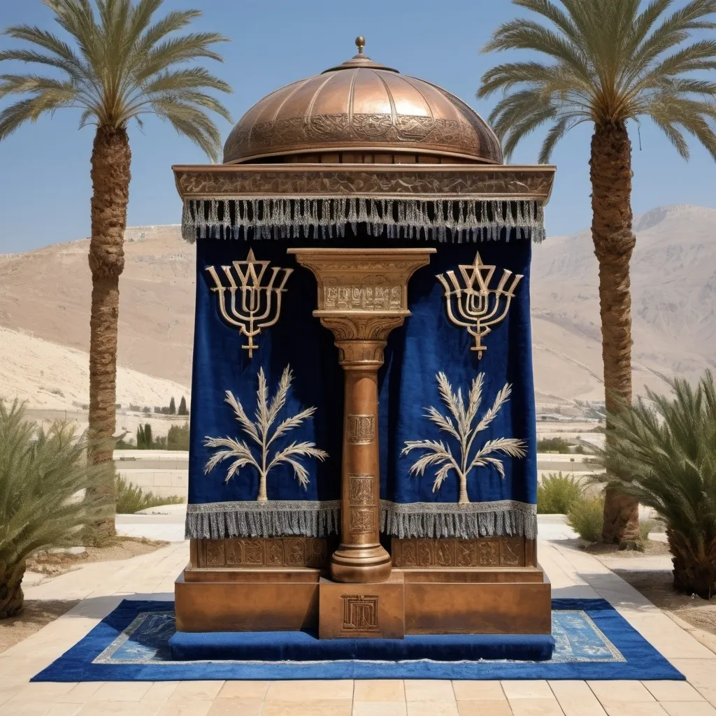 Prompt: elaborate embroided dark blue modest fringed dusty fringes white dress with jewish symbols on jewish women, torah ark covering, olive skin, elaborate, detailed, fruits and hebrew calligraphy embroided,  blue jewish stripes and fringes and black leather bands on women, big columns, brown leather ,  in Jerusalem and dead sea, detailed holy valves, copper menorah, hebrew jewel crystals, copper fountain jewish symbols, ancient civilization, 5 menorahs on the floor jewish art, fringes,palms trees, flowers, cultic, rituals, a papyrus scroll, dead sea view, mikve, fountain, spring pool, sunny day, gemstones, biblical immersion pool, female warrior, sofas, praying jews, bushes, date palm, blue flowers, next to the dead sea, landscape view,, in the style of a 19th century european realist painting
