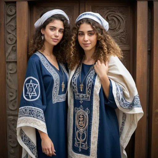 Prompt: trendy cool elaborate embroided dress with jewish symbols, torah ark covering,  olive skin two women with bandana and curly hair. dress has jewish stripes prayer shawl blue