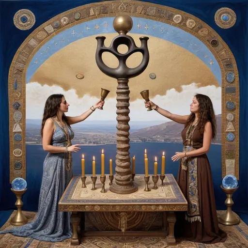 Prompt: elaborate surealism bronze klimt painting, embroided dark blue fringed spiritual jewelry fringes white with jewish symbols on two brown skinned mizrahi jewish women flying laying holding hands trumpet, magic fringes jewish symbols scrolls, knives and spears floating in the lightning sunset sky, rainy day, leather sandals, swords and bow and arrow with eyes, shofar horn, biblical rock cut tombs, eyes torah ark covering, fringed striped skirt, smoke and steam coming from sculpture, alchemist, floating ibex horns shofar, painting, sky is burgundy elaborate, davids slung, lapiz lazuli animal horn, pillars, amethyst, eyes, jewish, two women floating in space, crystals growing, detailed, standing on in jerusalem hill, incense embroided, black jewish clothing stripes and fringes and on 2 women, blue and white linen with fringes, prayer shawl, in Jerusalem and dead sea, jupiter, detailed holy valves, forgivness, hebrew crystals, torah scroll, fountain jewish symbols, curly hair olive skin, ancient civilization, jewelry, shofar ram horn, levitating, menorah, 2 women supporting each-other feminism, glitter on table, shining art, jewish art, fringes, flowers, shofar, cultic, rituals, dead sea view, visual illusions, bugle horn, spring pool, meteor, menorah, torah scroll, illusion, jewish stars, smoke, hypnotic, gemstones, saying goodbye, women dancing, rosh hashana, sculpture, biblical, clouds, crystals, warrior, praying jews, ancient mound, mystery, next to the dead sea, landscape view, in the style of a surrealist painting, in the style of klimt painting
