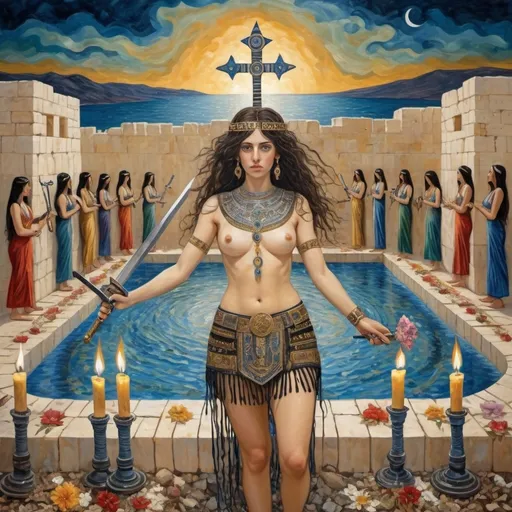 Prompt: elaborate abstract gustav klimt jugend painting, embroided dark blue fringed spiritual modest jewelry fringes white with jewish symbols on brown skinned mizrahi modest jewish woman knight fighting war in striped blue and white fringed modest jewish armor shirt, magic swords in their hands, warrior women in bandana, leather sandals, menorah star of david swords, golden jewish swords, eyes torah ark covering, fringed striped modest skirt, smoke and steam coming from pottery ,3 women fighting war, jewish shield, jewish weapon, pulling sword from the earth, , black hair, elaborate israeli , floating ocean golden evil eyes, jewish, crystals growing, tropical plants and flowers, detailed, standing on in jerusalem hill, pink and green jewish sky, ancient soldiers, swimming, incense embroided, black jewish stripes clothing and fringes and on women fringes, big columns, in Jerusalem and dead sea, detailed holy valves,, hebrew 3 women fighting war and 1 on the ground kissing the earth fountain jewish symbols, ancient civilization, jewelry, menorah, jewish art, fringes, flowers, cultic, rituals, dead sea view, mikve, fountain, visual illusions, knives laying down, spring pool, sunset, menorah, illusion, knives on the ground, jewish stars, smoke, hypnotic, beauty, in the dead seagemstones, sculpture, biblical immersion pool, 3 women fighting war elaborate and 1 on the ground kissing the earth, female warrior, praying jews, war battle, swords in ground, mystery, next to the dead sea, landscape view,, in the style of a gustav klimt surealism painting, in the style of gustav klimt vienna surealist painting
